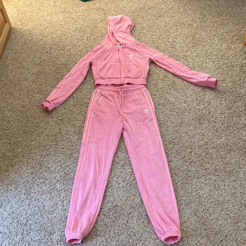 Pink Adidas velour sweatsuit set